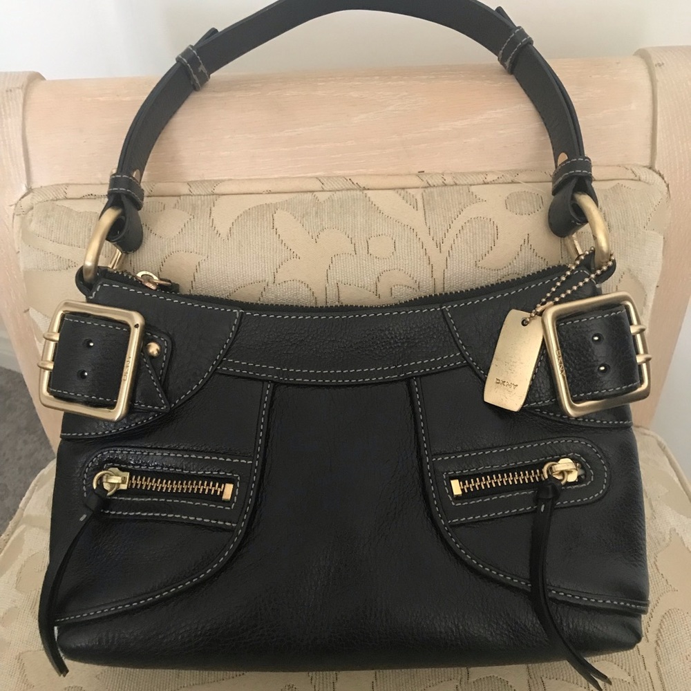 DKNY Vintage Black Leather Handbag Brass Hardware